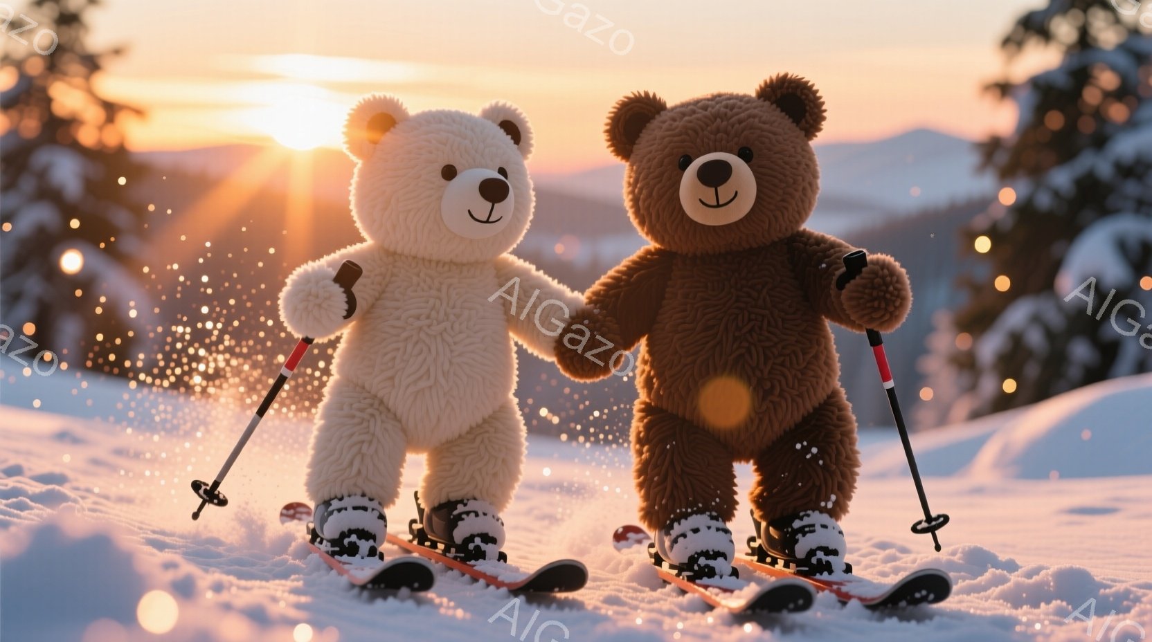 白い熊と茶色の熊が雪の上をスキーで滑っている様子が描かれています。二匹は手をつないでおり、それぞれの熊はスキー板とストックを装備し、楽しそうに前進しています。背景には雪景色が広がり、夕焼けのようなオレ - AI生成フリー素材