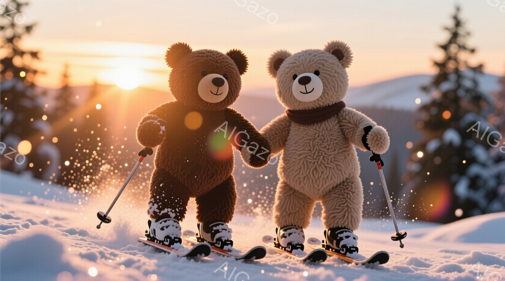 雪の上でスキーをする２匹のテディベアが描かれています。一方のベアは茶色で、もう一方のベアは白く、それぞれスキー板とスキーポールを持ち、楽しそうに前を見据えています。背景には雪景色と夕焼けが広がり、温か - AI生成フリー素材