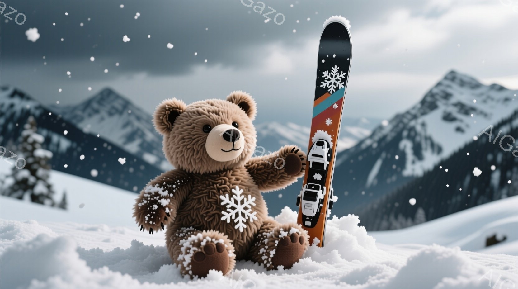 濃い茶色のテディベアが雪の上に座っており、片手を上げています。背景には雪山がそびえ立ち、雪が舞い散る冬の景色が広がっています。スキー板がベアの横に立てかけられており、ウィンタースポーツを楽しむ雰囲気を感じさせます。