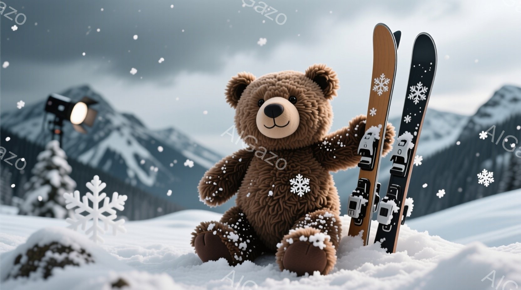 茶色のテディベアが雪の上に座っており、片手にスキーを持っています。背景には雪山と針葉樹林が広がり、雪が舞う冬の風景が描かれています。全体的に暖かく、ほのぼのとした雰囲気が漂う、可愛らしい画像です。 - AI生成フリー素材