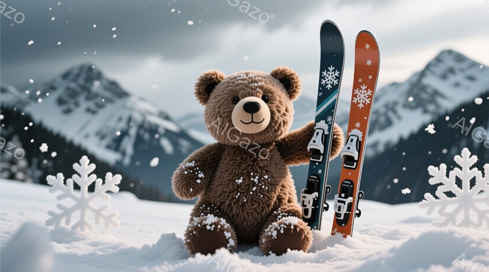 茶色のテディベアが雪の上に座り、オレンジと青のスキー板を立てかけています。背景には雪山がそびえ立ち、雪が舞い散る冬の風景が広がっています。全体的に温かく、ほのぼのとした雰囲気で、冬のスキーを楽しむイメ - AI生成フリー素材
