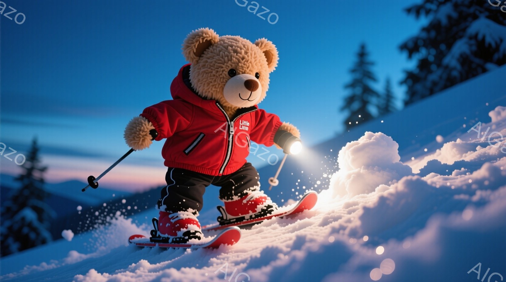 ふわふわの茶色のテディベアが、真っ赤なスキーウェアとブーツを身につけてスキーを楽しんでいます。雪山を滑り降りる姿は躍動感があり、雪煙が舞い上がっています。背景には暗い緑の木々と、夕焼けのような美しい空 - AI生成フリー素材