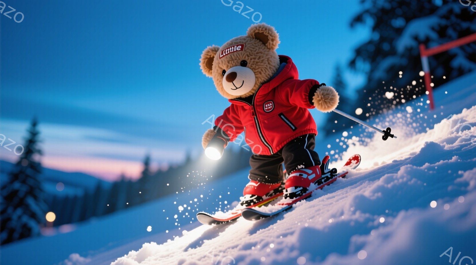 赤いスキーウェアを着たテディベアが雪山をスキーで滑っている様子が描かれています。雪は飛び散り、スピード感があり、背景には暗い緑色の針葉樹林と夕焼け空が広がっています。全体的に、夜のスキーを楽しむ、暖か - AI生成フリー素材