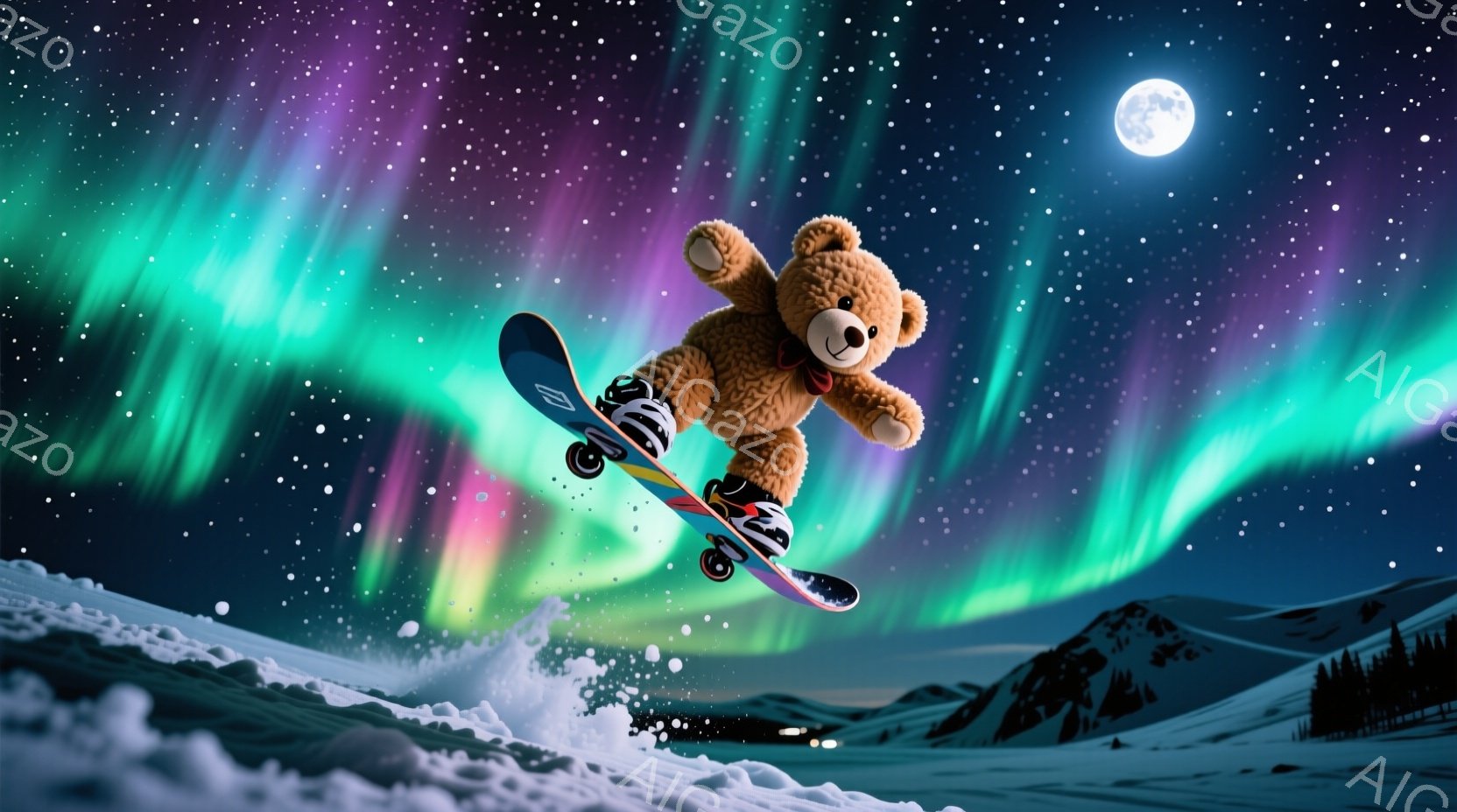 茶色のテディベアがスノーボードに乗って雪山の上を飛び跳ねています。背景には、鮮やかなオーロラと、雪に覆われた山々と街並みが広がっており、夜空には満月が輝いています。全体的に、幻想的でエネルギッシュな雰 - AI生成フリー素材