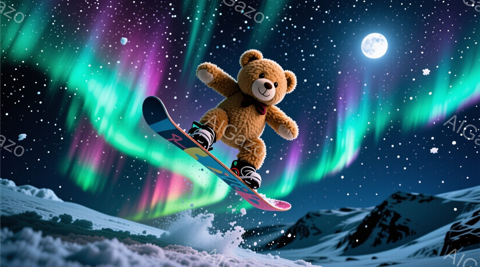 ぬいぐるみで作られた茶色のクマが、雪山をスノーボードで滑っている様子が描かれています。夜空にはオーロラが広がり、月が輝き、雪煙が舞い上がっています。クマは赤いリボンで首を飾り、楽しげな表情でスノーボー - AI生成フリー素材