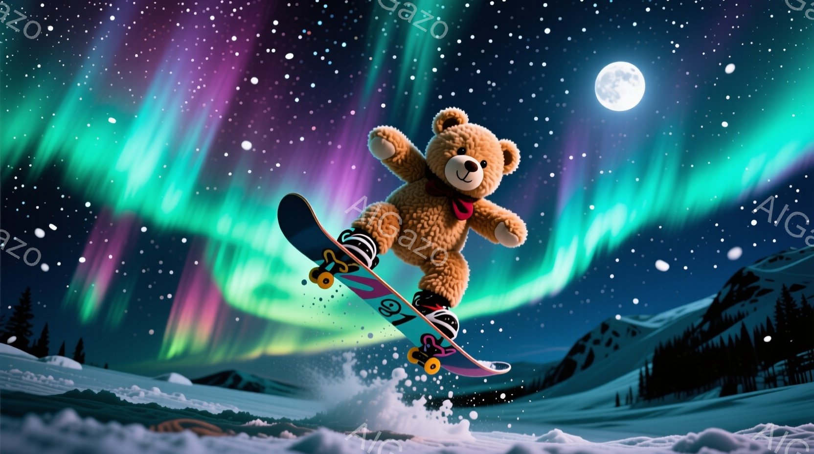 茶色のテディベアが、雪原をスノーボードで滑空している様子が描かれています。ベアは頭にニット帽をかぶり、楽しそうな表情で両手を広げています。背景にはオーロラ、雪山、針葉樹林が広がり、幻想的で活気のある冬 - AI生成フリー素材