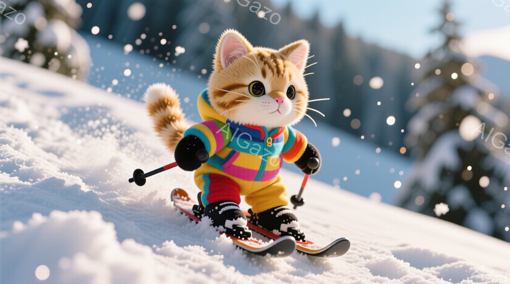 オレンジ色のスキーウェアに身を包んだ猫が、雪山をスキーで滑走している様子が描かれています。カラフルなウェアと黒いゴーグル、そして元気な表情が印象的で、雪景色の中で楽しんでいる様子が伝わってきます。背景 - AI生成フリー素材