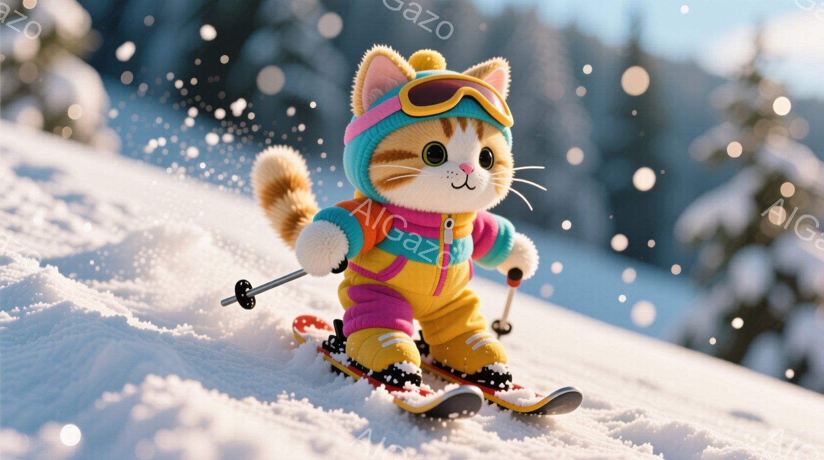 雪の上をスキーで滑っている猫が描かれています。猫はピンクと黄色のスキーウェアとゴーグルを身につけ、楽しそうな表情をしています。背景には雪に覆われた木々が見え、雪が舞う冬の風景が広がっています。 - AI生成フリー素材