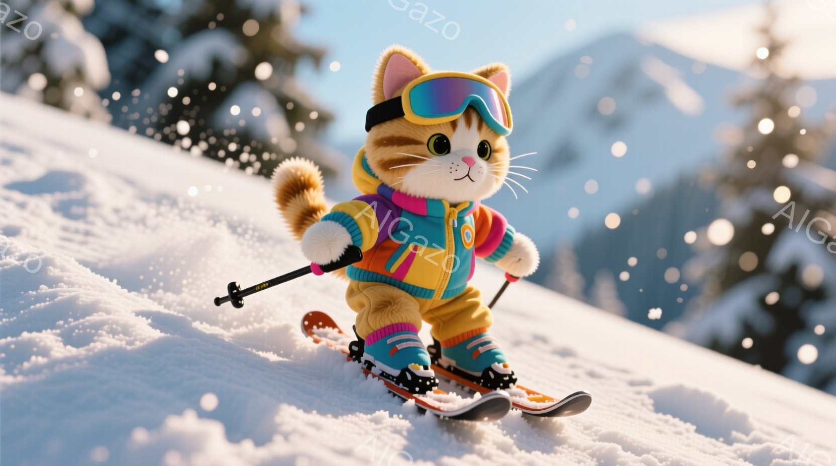 オレンジとピンクのスキーウェアを着た猫が雪上を滑走している。猫はサングラスをかけ、楽しそうな表情で、片足を前に出し、スキーを楽しんでいる様子が伝わる。背景には雪山と白い雪が舞い、冬の爽やかな雰囲気が漂っている。