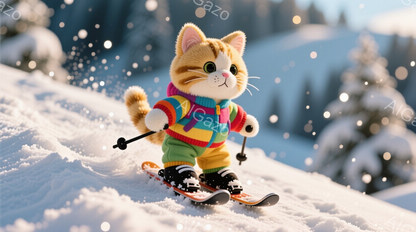 白い雪の上をスキーをする、茶色の毛並みを持つ猫が描かれています。鮮やかな虹色のストライプのセーターとオレンジ色のスキーウェアを身につけ、黒いゴーグルとブーツを履いています。背景には雪に覆われた木々と、ぼんやりとした山々が見え、冬の穏やかな雰囲気を醸し出しています。