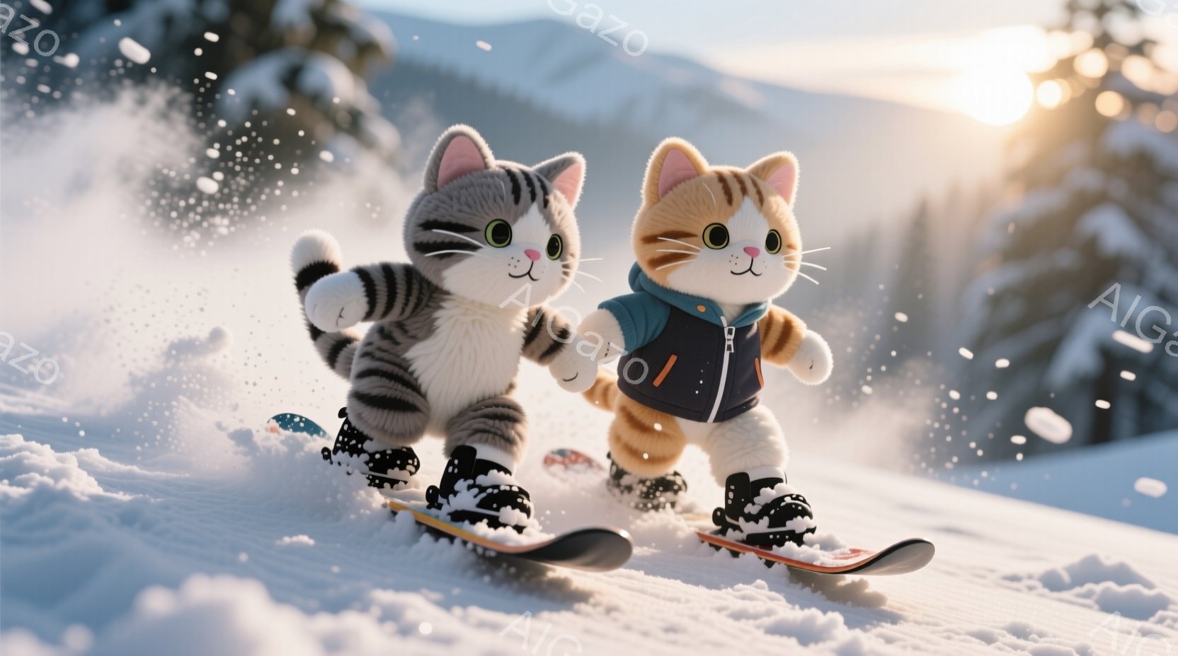 雪山をスノーボードで滑走する2匹の猫が描かれています。縞模様の猫と茶色の猫は、それぞれ黒いブーツと青いジャケットを着ており、楽しそうな表情をしています。背景には雪景色が広がり、明るい日差しが差し込み、 - AI生成フリー素材