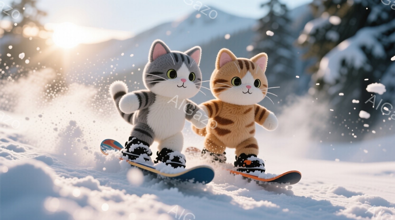雪の上をスノーボードで滑る2匹の猫が描かれています。片方の猫は白と灰色の毛並みで、もう片方の猫は茶色のしま模様です。背景には雪山と青空が広がり、雪が舞う冬の景色が広がっています。 - AI生成フリー素材