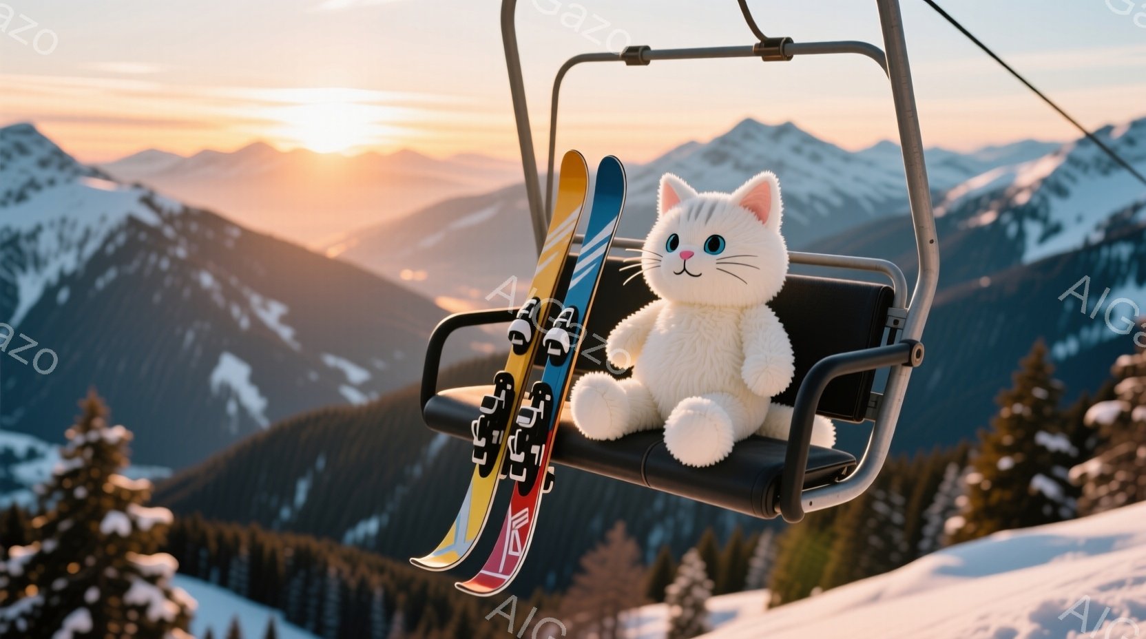 白いぬいぐるみ猫がスキーリフトの座席に座っており、ピンクのスキー板がリフトの支柱に立てかけられています。背景には雪を抱いた山々が連なり、夕焼けのような暖色系の光が空を染めています。全体的に穏やかで可愛 - AI生成フリー素材