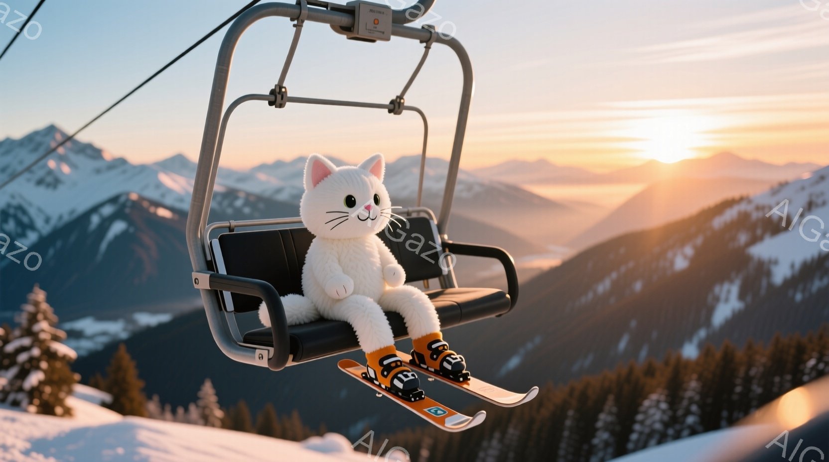 白い猫がスキー板とブーツを身につけ、スキーリフトの椅子に座っています。背景には雪をまとった山々が連なり、夕焼けのオレンジ色とピンク色のグラデーションが空を彩っています。穏やかで温かい雰囲気の、冬のスキ - AI生成フリー素材