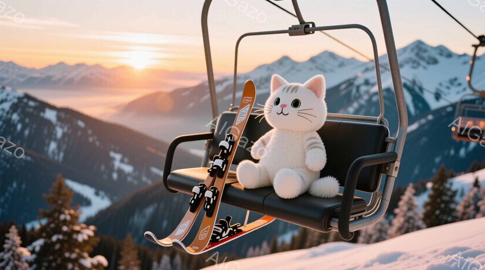 白いぬいぐるみ猫がスキーリフトの椅子に座っており、足元には赤いスキー板が立てかけてあります。背景には雪を頂いた山々が広がり、夕焼けのようなオレンジ色の空が美しい景色を作り出しています。全体的に穏やかで - AI生成フリー素材