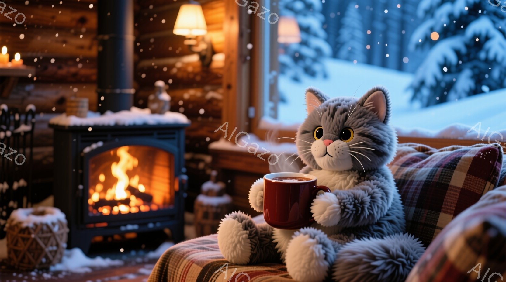 灰色の毛並みの猫のぬいぐるみが、赤と白のチェック柄のクッションの上に座って、赤いカップから湯気が立つ飲み物を楽しんでいます。背景には暖炉があり、活き活きとした炎が燃え盛り、窓の外には雪景色が広がっています。全体的に暖かく、居心地の良い冬の雰囲気が漂っています。