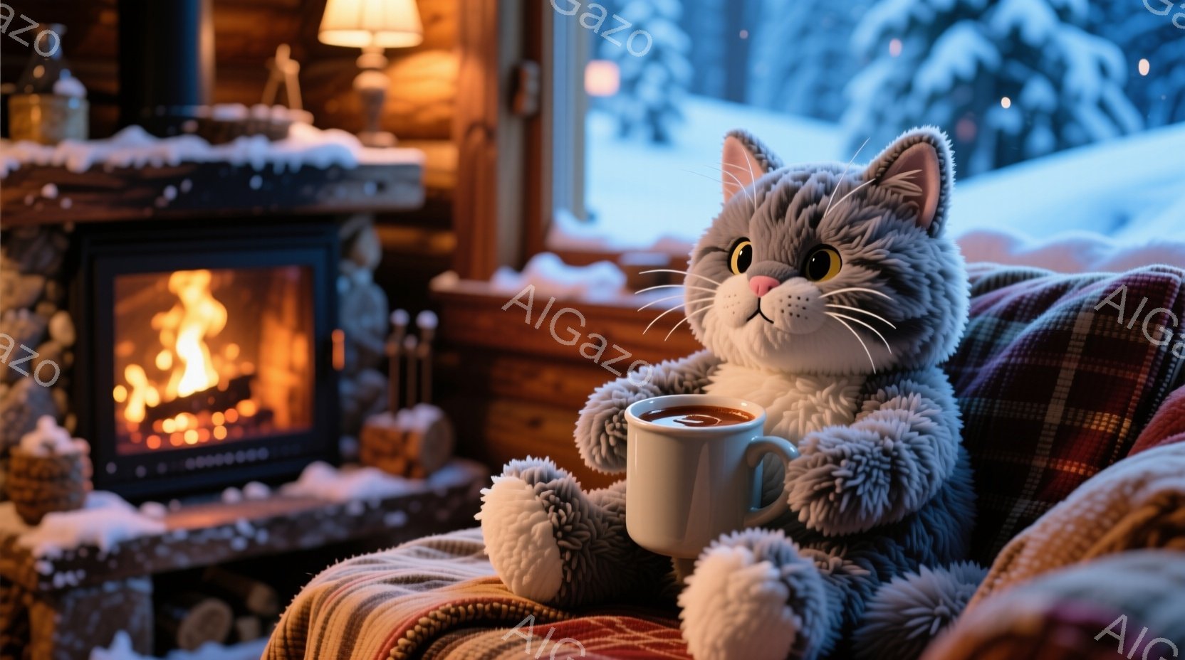 灰色のふわふわした猫のぬいぐるみは、暖炉のそばの椅子に座って、湯気の立つマグカップを両手で抱えています。窓の外は雪景色で、暖炉の火と室内の温かい色合いが、静かで心地よい冬の雰囲気を醸し出しています。椅子には赤と白のチェック柄のブランケットがかかっており、さらに快適さを加えています。