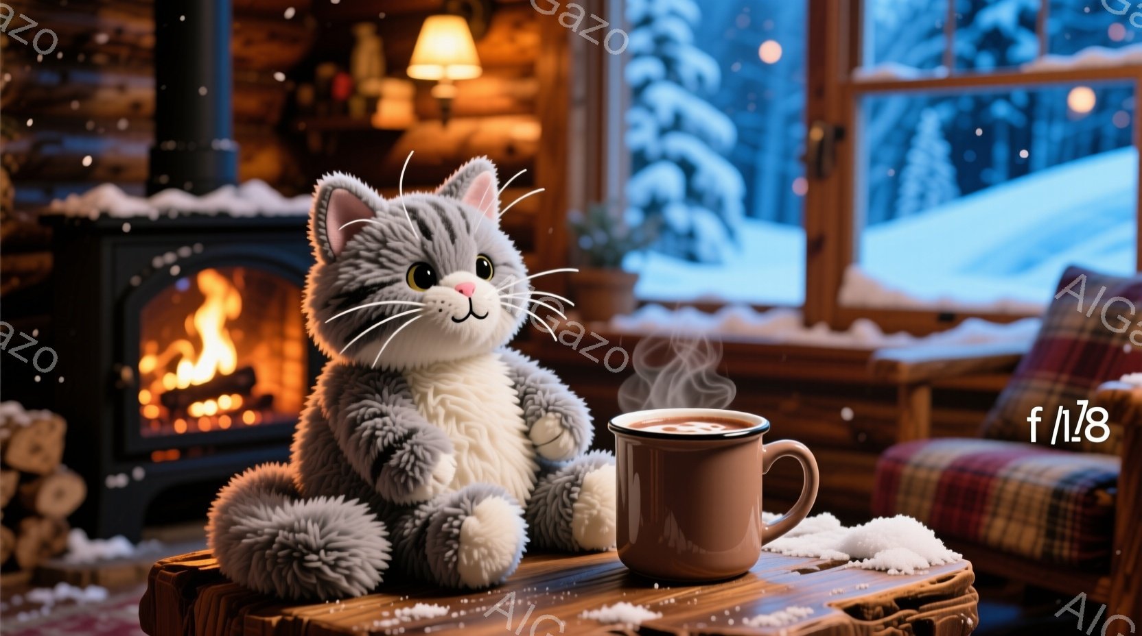 暖炉の前で、ふわふわの灰色の猫のぬいぐるみと湯気が立つマグカップが置かれた木のテーブルが描かれています。窓の外には雪景色が広がり、室内には温かく居心地の良い雰囲気が漂っています。猫のぬいぐるみはリラックスした姿勢で、まるで暖炉の火を楽しんでいるかのようです。