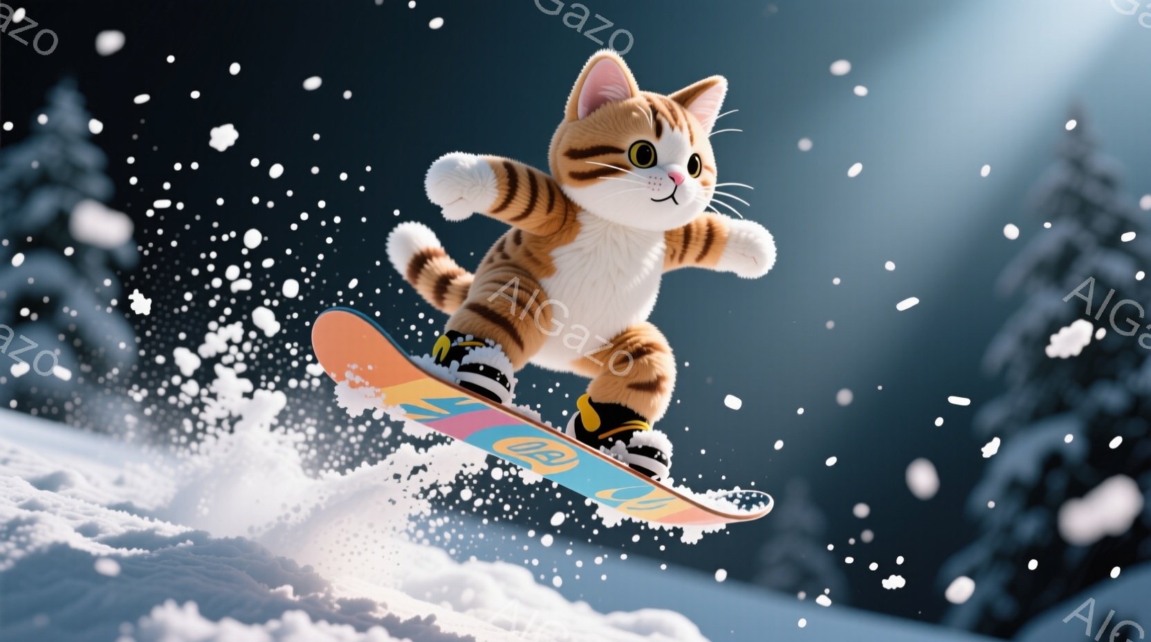 白い雪の上をスノーボードで滑る、茶色と白のしま模様の猫が描かれています。猫は黒いブーツとゴーグルを身につけ、勢いよく飛び跳ねています。背景には雪に覆われた木々がぼんやりと見え、雪が舞う冬の景色が広がっ - AI生成フリー素材