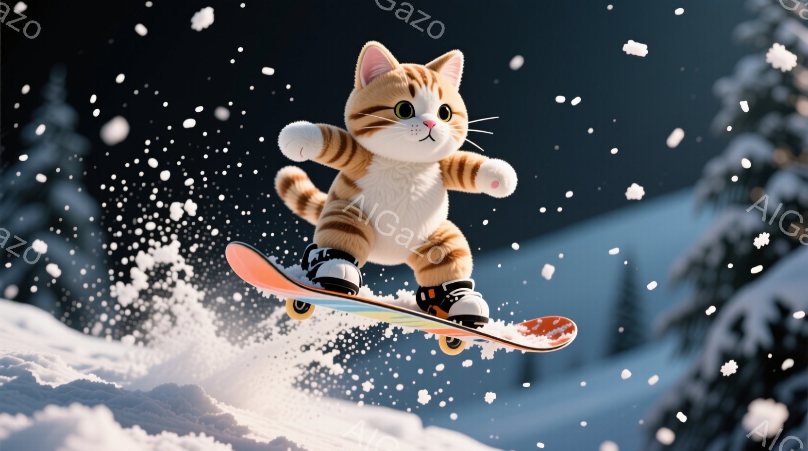 オレンジと白の縞模様の猫が、雪の中でスケートボードに乗って空中に飛び上がっている。猫は黒いブーツを履き、興奮した表情で、前足を伸ばしてポーズをとっている。背景には雪に覆われた山々と暗い森があり、雪が舞 - AI生成フリー素材