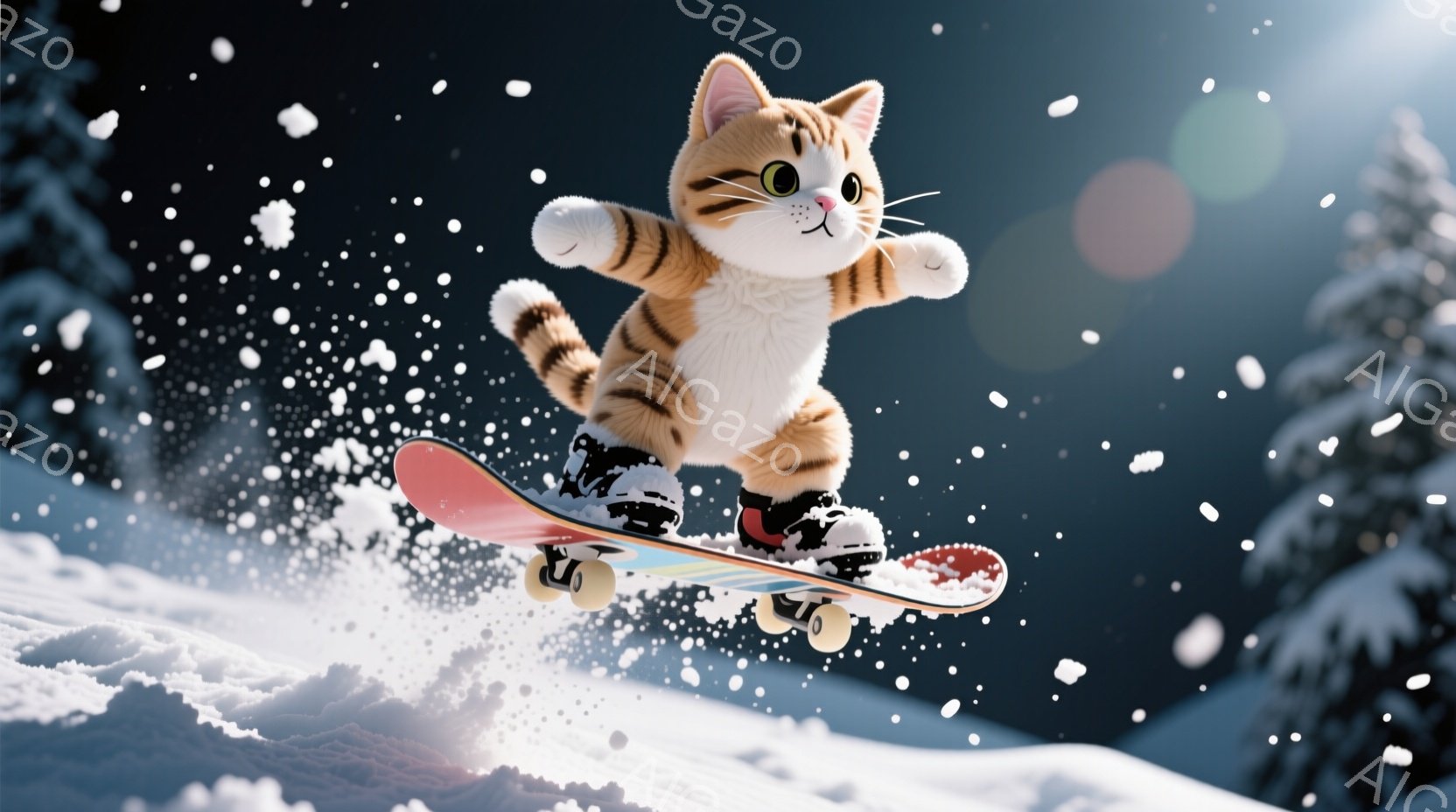 茶色の縞模様の猫が、雪景色の中でスケートボードに乗ってジャンプしている。猫は黒いブーツを履いており、両腕を広げて楽しそうな表情をしている。背景には雪に覆われた木々と、吹雪のような雪が舞っており、冬の活 - AI生成フリー素材