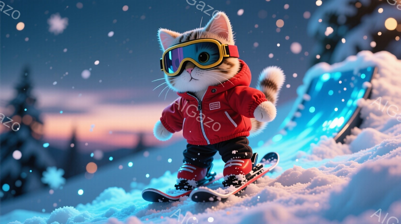 雪山を滑走する猫のイラストです。赤色のスキーウェアにゴーグルを装着し、片足にスキー板をつけた立ち姿で、少し自信に満ちた表情をしています。背景には、ぼやけた山々と夕焼け空が広がり、雪が舞い散る幻想的な冬の景色が広がっています。