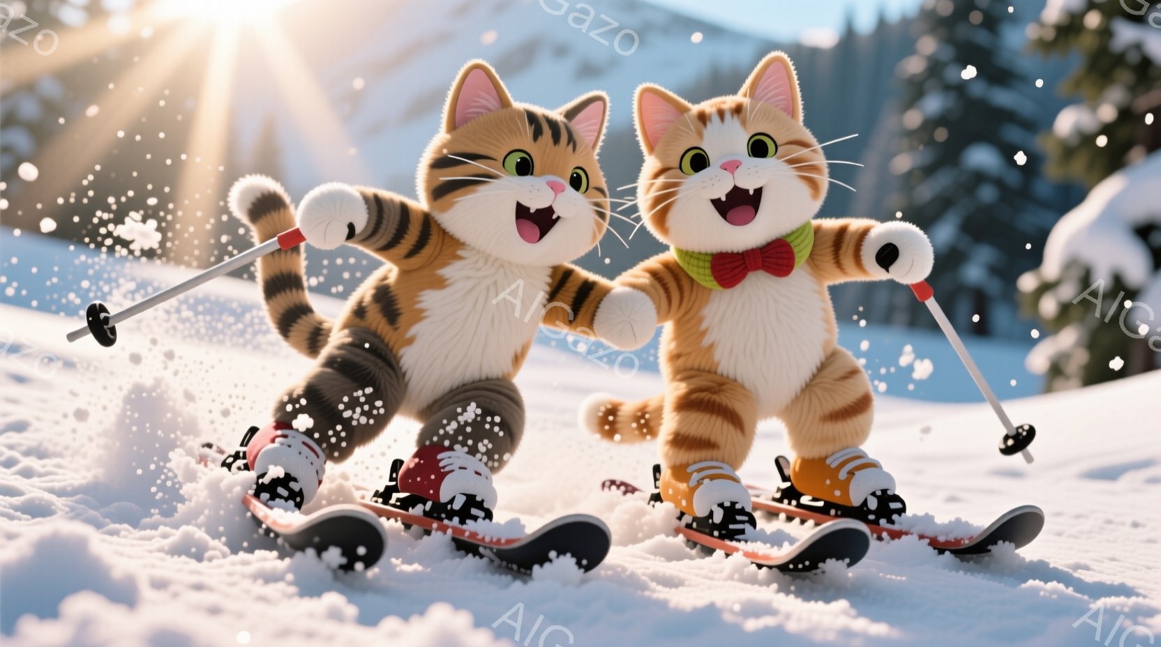 雪の上をスキーで滑る二匹の猫が描かれています。片方の猫は黒と白の縞模様で赤いスキー靴とヘルメットを着用し、もう片方の猫はオレンジ色の毛並みで緑色のリボンと青いヘルメットを付けています。背景には雪山と森 - AI生成フリー素材