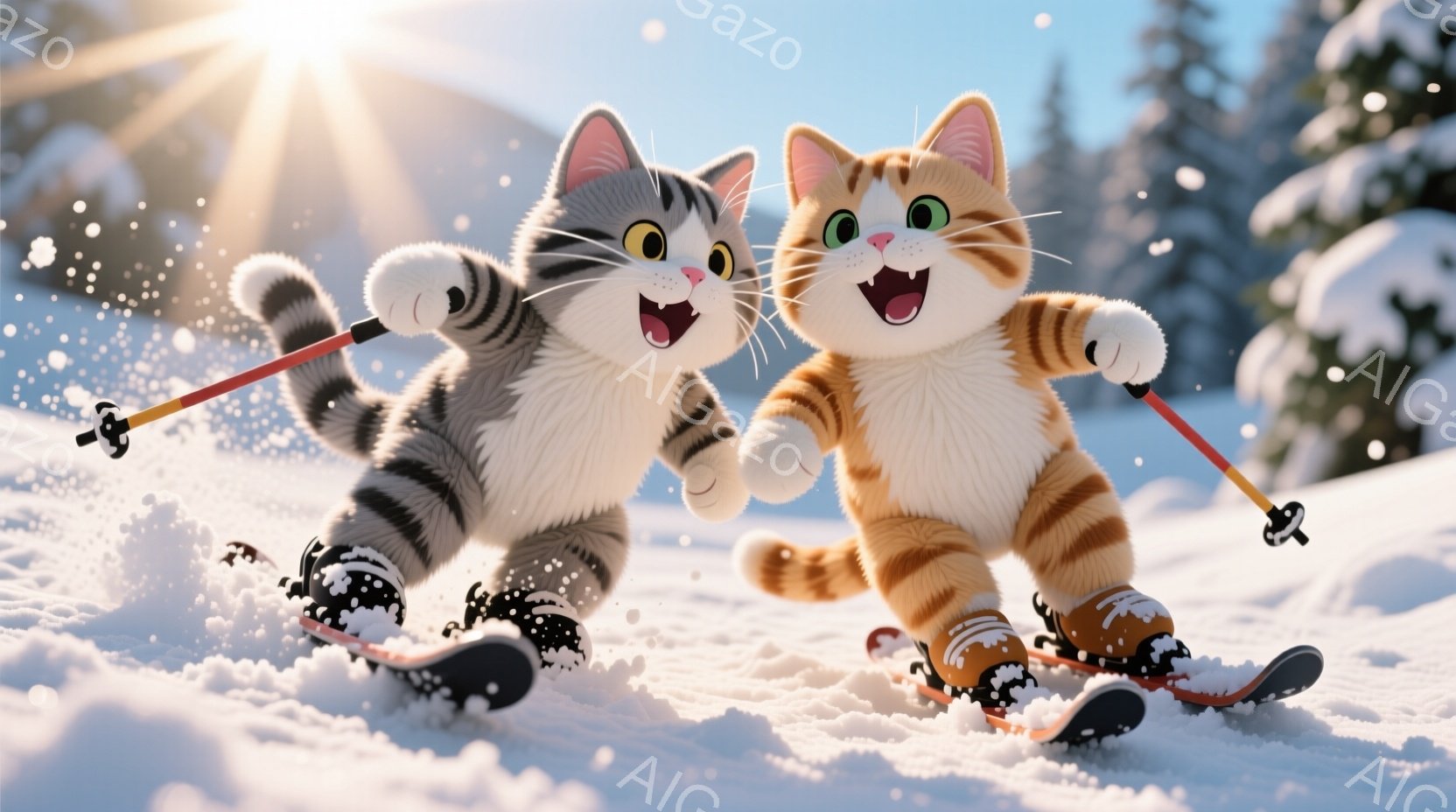 白い雪の上を滑っている二匹の猫が描かれています。縞模様の猫とオレンジ色の猫は、スキー板を履き、スキーポールを持って楽しそうに笑っており、躍動感に満ちています。背景には雪をまとった木々や山々が広がり、晴 - AI生成フリー素材