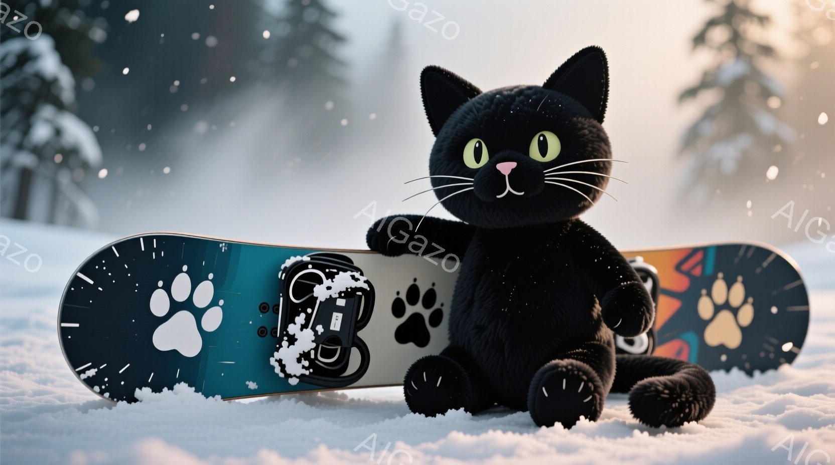 黒いぬいぐるみのような猫が雪の上に座っており、そばには青と白の足跡模様が描かれたスノーボードが立てかけられています。猫はつややかな黒い毛並みで、丸い目とひげが特徴的で、穏やかな表情を浮かべています。背景は雪景色で、ぼんやりと木々が見え、雪が舞っている様子から冬の静かな雰囲気が伝わってきます。