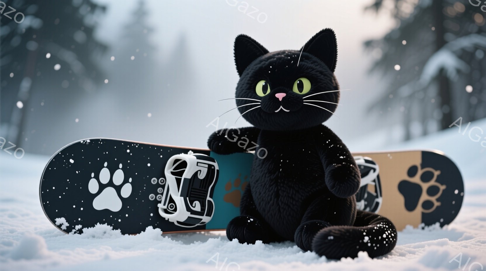 黒い猫が雪の上に座り、スノーボードを所持している。スノーボードには足跡とブーツのイラストが描かれており、猫は少し微笑み、リラックスした表情をしている。背景は雪景色で、遠くには木々が見え、全体的に冬の穏やかな雰囲気を醸し出している。