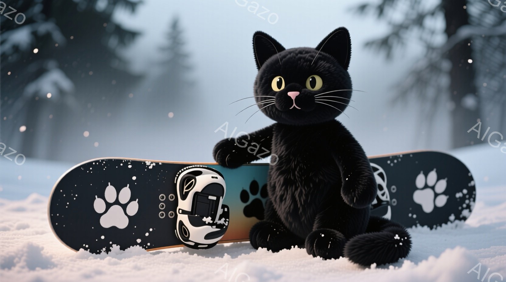 黒い猫が雪の上に立っており、足元にはスノーボードが置かれています。スノーボードには白い肉球の模様が描かれており、前面にはゴーグルが固定されています。背景には雪に覆われた木々が見え、雪が舞う冬の静かな風景が広がっています。