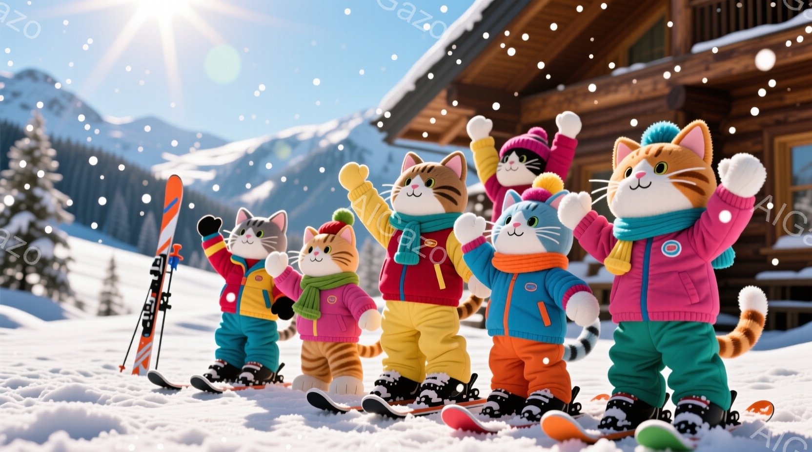 雪景色の中で、縞模様の猫たちがスキースノーボードの装備を身に着けて整列しています。それぞれの猫は鮮やかな色のスキーウェアを着ており、顔は笑顔で、腕を上げて楽しんでいる様子です。背景には雪を頂いた山々と - AI生成フリー素材