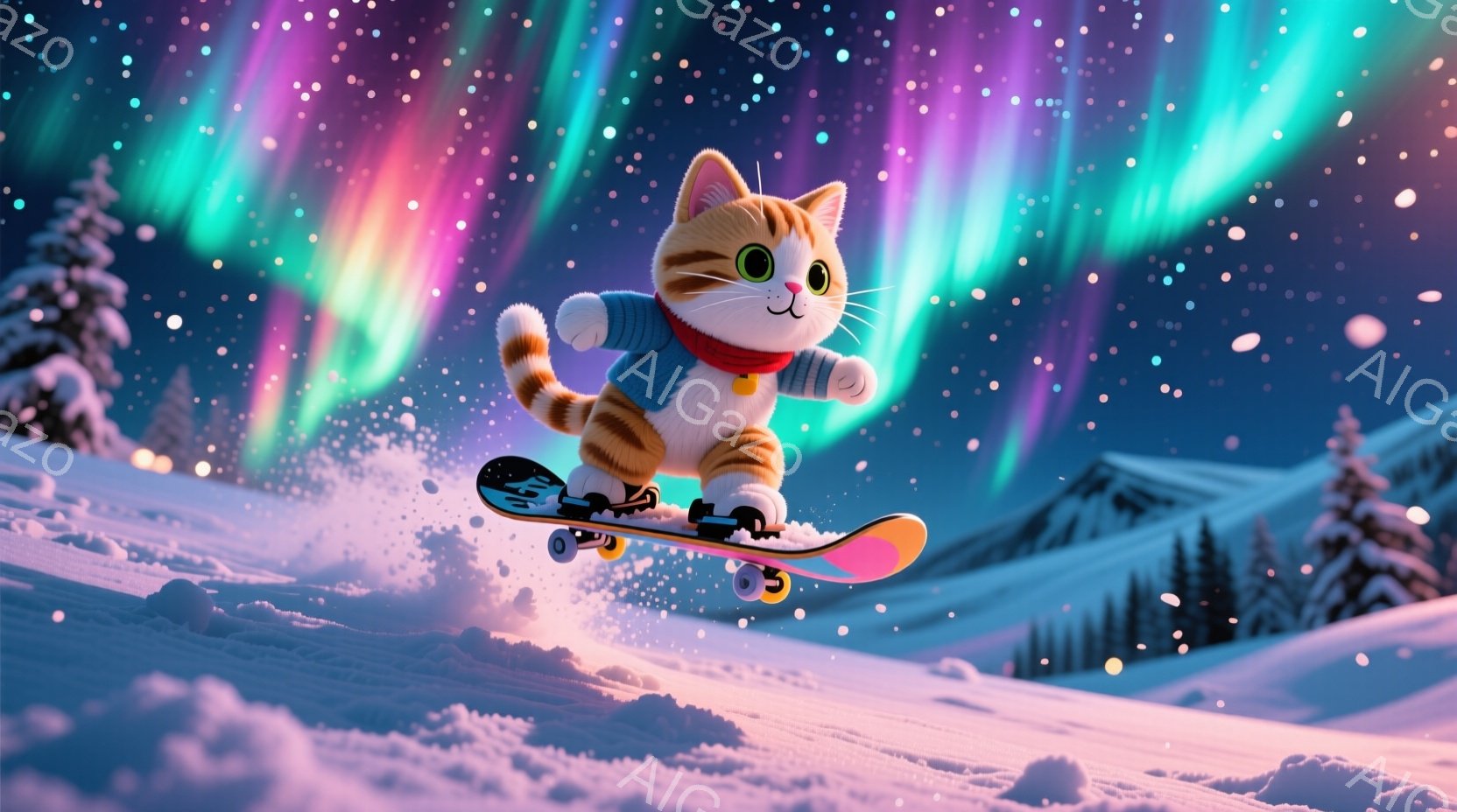 茶色の縞模様の猫が雪の上をスノーボードで滑っている様子が描かれています。赤いセーターを着ており、表情は明るく楽しそうです。背景には雪をまとった山々と、オーロラのような美しい光が広がっており、冬の幻想的 - AI生成フリー素材