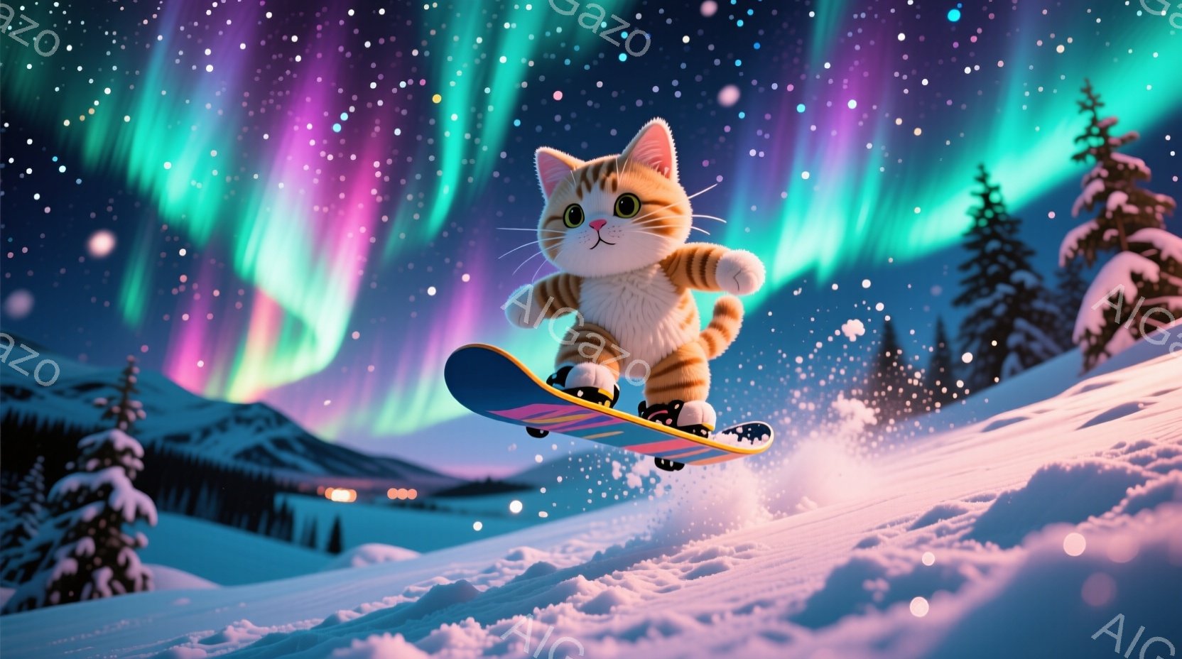 オレンジ色の縞模様の猫が、雪の上をスノーボードに乗って滑っている様子が描かれています。背景には、緑とピンクのオーロラが広がり、雪に覆われた山々と暗い森が広がっています。全体的に、幻想的で遊び心のある冬の雰囲気が漂っています。
