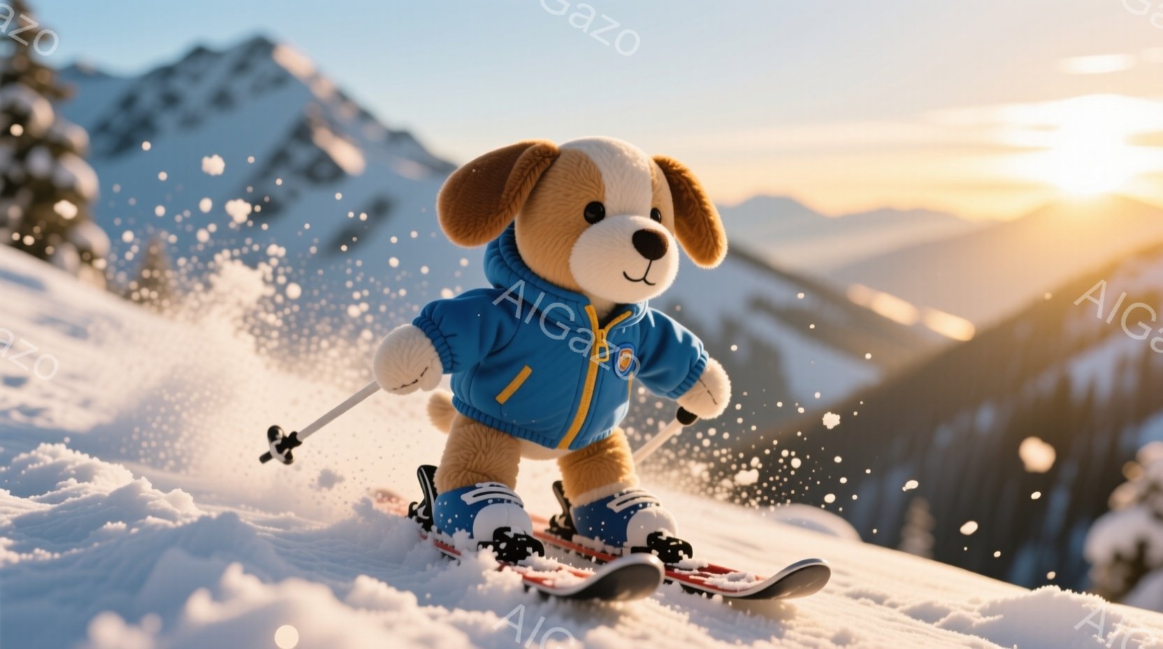 ふわふわのテディベアがスキーをしており、青いジャケットと青いスキーブーツ、そして赤いスキー板を身につけている。背景には雪をまとった山々と、夕焼けのような暖かい光が広がり、雪が舞う冬の景色が広がっている - AI生成フリー素材