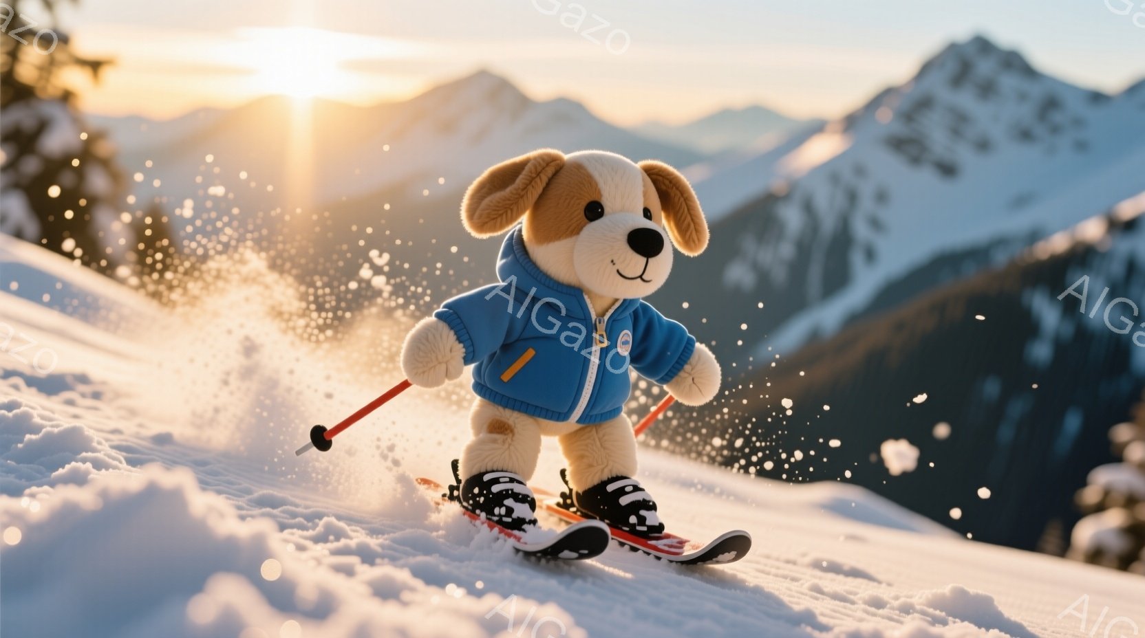ぬいぐるみ犬がスキー場で滑走している様子が描かれています。青いジャケットと黒いスキーウェアを着ており、片手にスキーポールを持ち、雪煙を上げながら前進しています。背景には雪山が連なり、夕焼けのような光が差し込み、冬の暖かく活気のある雰囲気を醸し出しています。