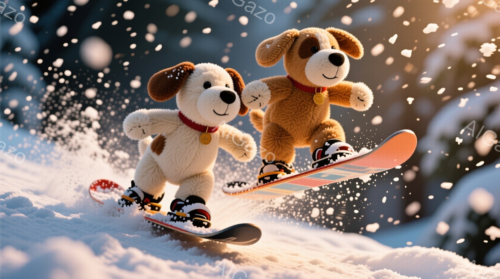 ふわふわの茶色い犬が2匹、スキー板に乗って雪山を滑走している様子が描かれています。それぞれ赤いバンダナを頭に巻き、首輪には金色のタグが付いています。背景は白い雪に覆われた山で、雪が舞い、明るく楽しい雰囲気が漂っています。
