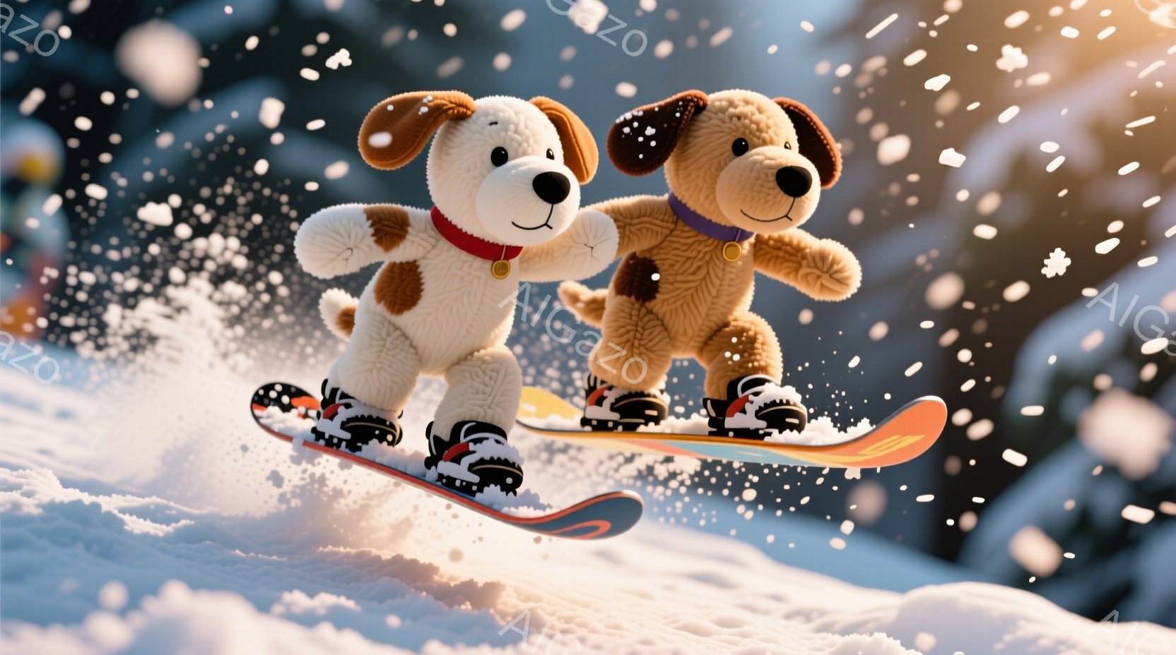 ふわふわの茶色と白の犬のぬいぐるみが、雪上をスノーボードで滑っている様子が描かれています。それぞれの犬は黒いスキーブーツを履き、首には金色のタグが付いています。背景には雪景色が広がり、雪が舞い散る様子から冬の活気ある雰囲気が伝わってきます。