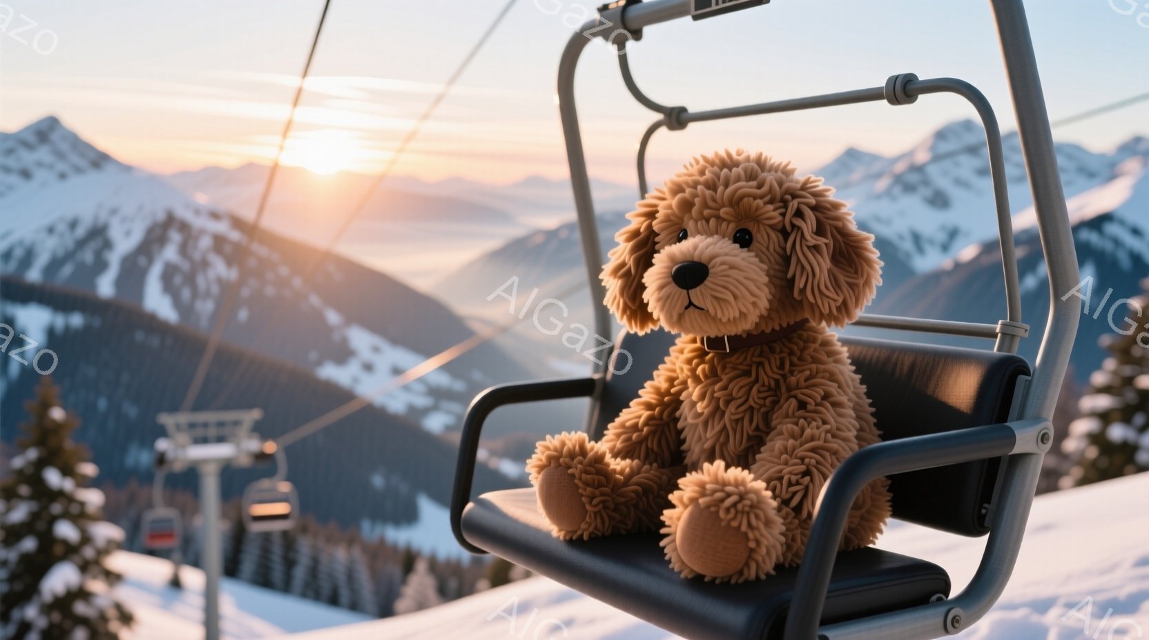 ふわふわの茶色の犬のぬいぐるみは、スキーリフトの椅子に座っています。背景には雪を頂いた山々と、夕焼けのようなオレンジ色の空が広がり、冬の穏やかな雰囲気を醸し出しています。犬のぬいぐるみは落ち着いた表情 - AI生成フリー素材