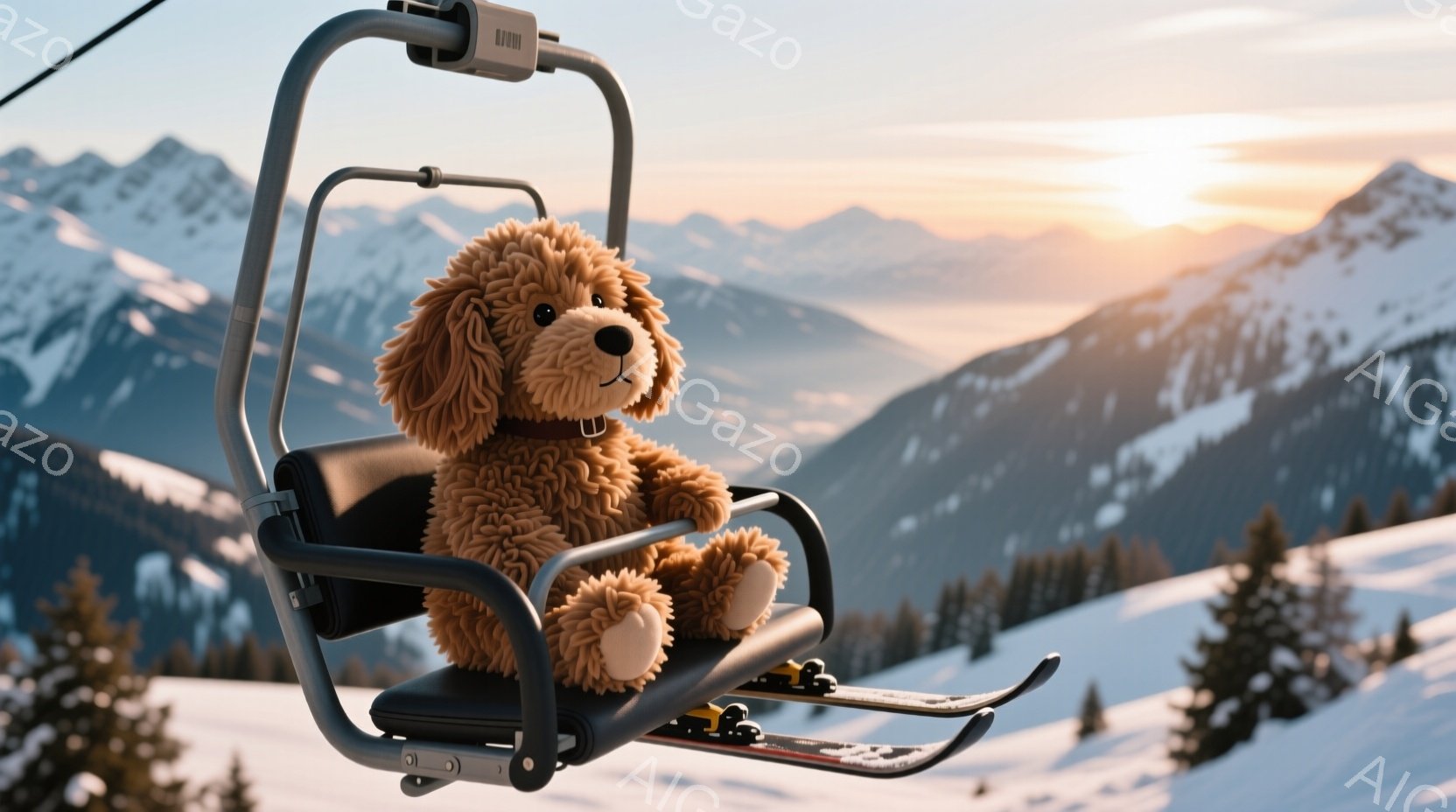 ふわふわの茶色の犬のぬいぐるみは、スキーリフトの椅子に座っており、小さなスキー板が足元に固定されています。背景には雪を頂いた山々が連なり、夕焼けのような暖かな光が全体を包み込んでいます。この光景は、冬 - AI生成フリー素材