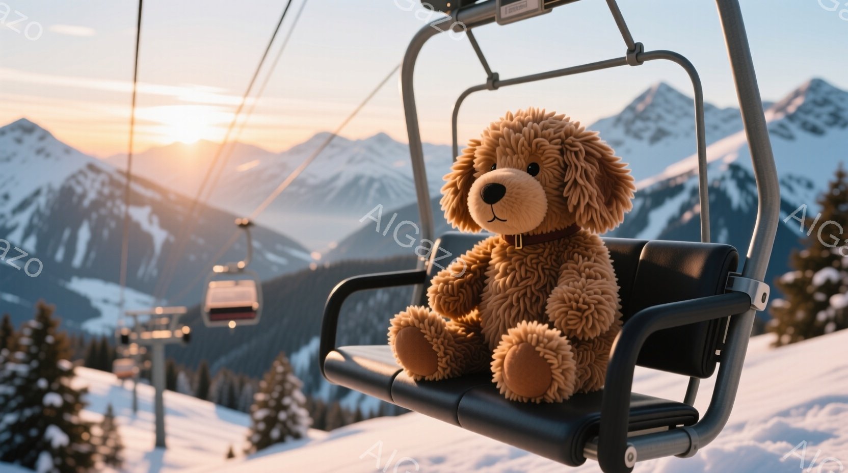 ふわふわの茶色のテディベアがスキーリフトの椅子に座っており、小さな赤い首輪をつけている。背景には雪に覆われた山々と、夕焼けのような柔らかな光が広がり、冬の穏やかな雰囲気を醸し出している。リフトは雪原の - AI生成フリー素材