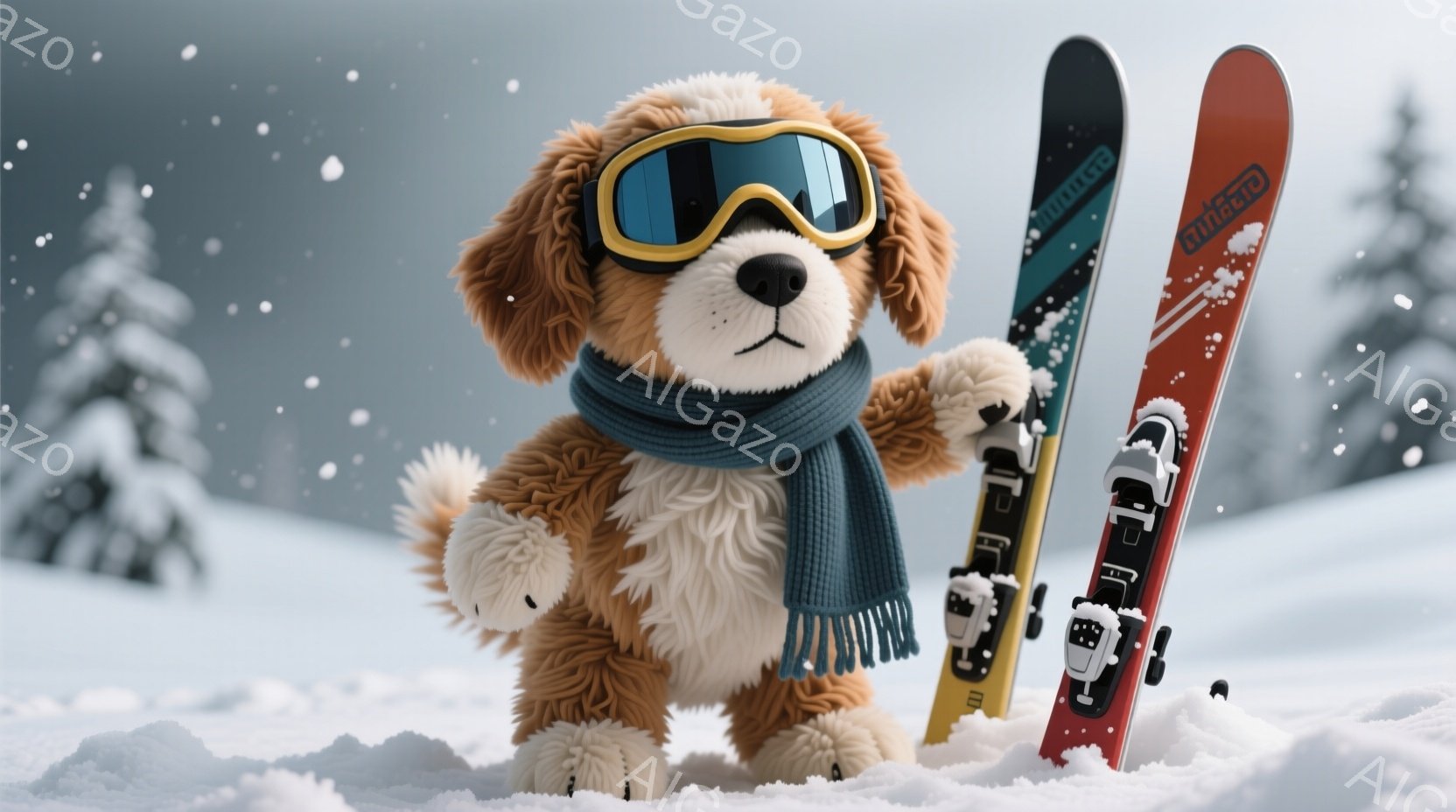 ぬいぐるみのような茶色の犬が、スキー板を肩に担ぎ、雪原に立っています。青いマフラーを巻き、ゴーグルをかけており、どこか陽気な表情を浮かべています。背景には雪をまとった木々が見え、雪が舞う冬の風景が広が - AI生成フリー素材