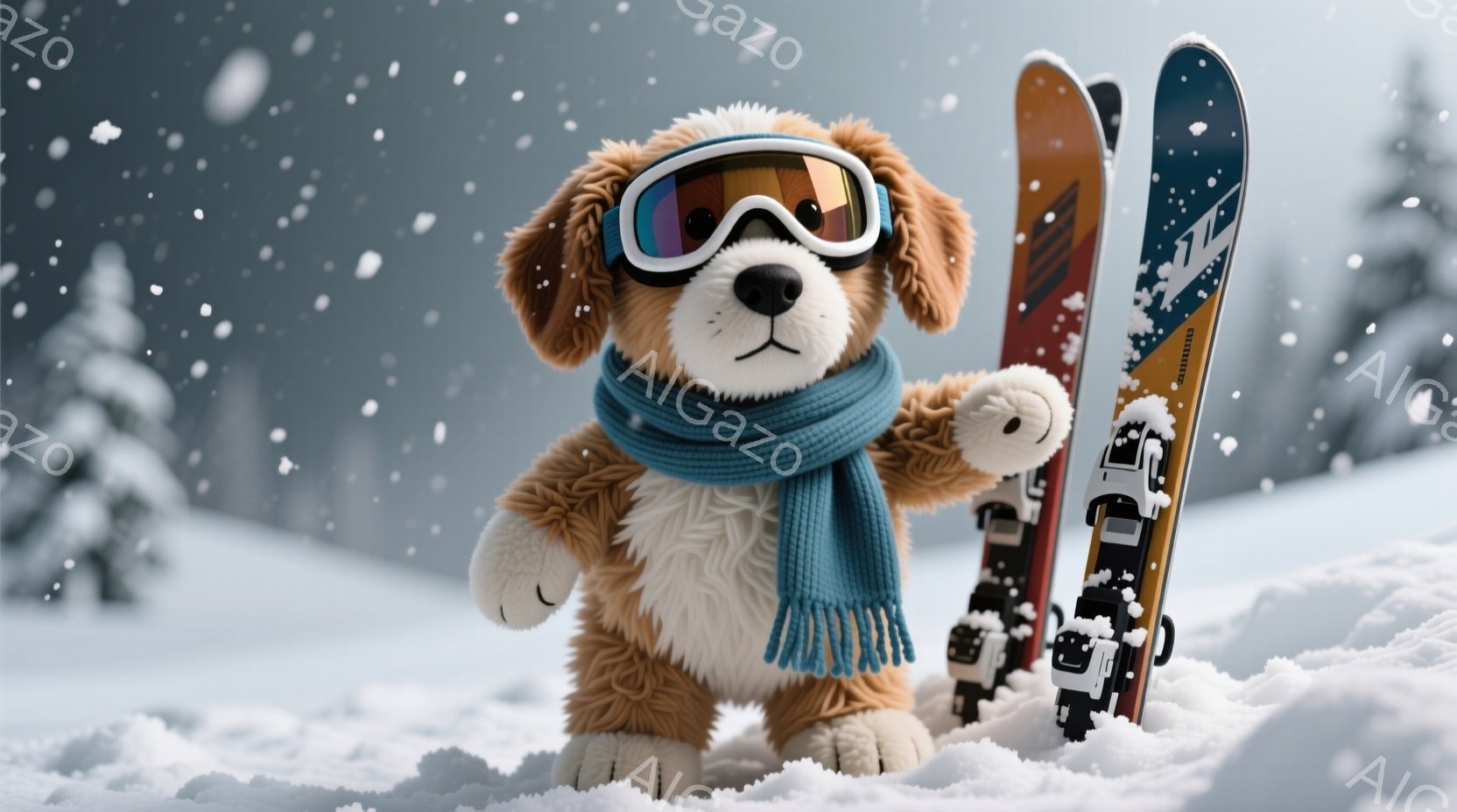茶色のふわふわした犬が、青いマフラーとゴーグルを身に着けて雪の上に立っています。片方の前足にはスキー板が立てかけられ、まるでスキーを楽しもうとしているようです。背景には雪に覆われた木々と白い雪景色が広 - AI生成フリー素材
