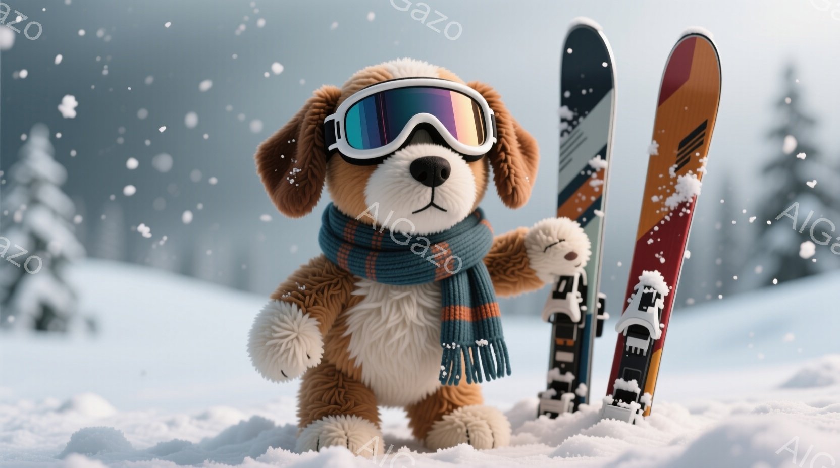 茶色のふわふわした犬がスキー板を抱え、スキーゴーグルと青い縞模様のマフラーをつけています。雪景色の中に立っており、背景にはうっすらと木々が見え、雪が降っている様子が表現されています。全体的に暖かく、可愛らしい雰囲気で、冬のスキーを楽しみにしているような印象を与えます。