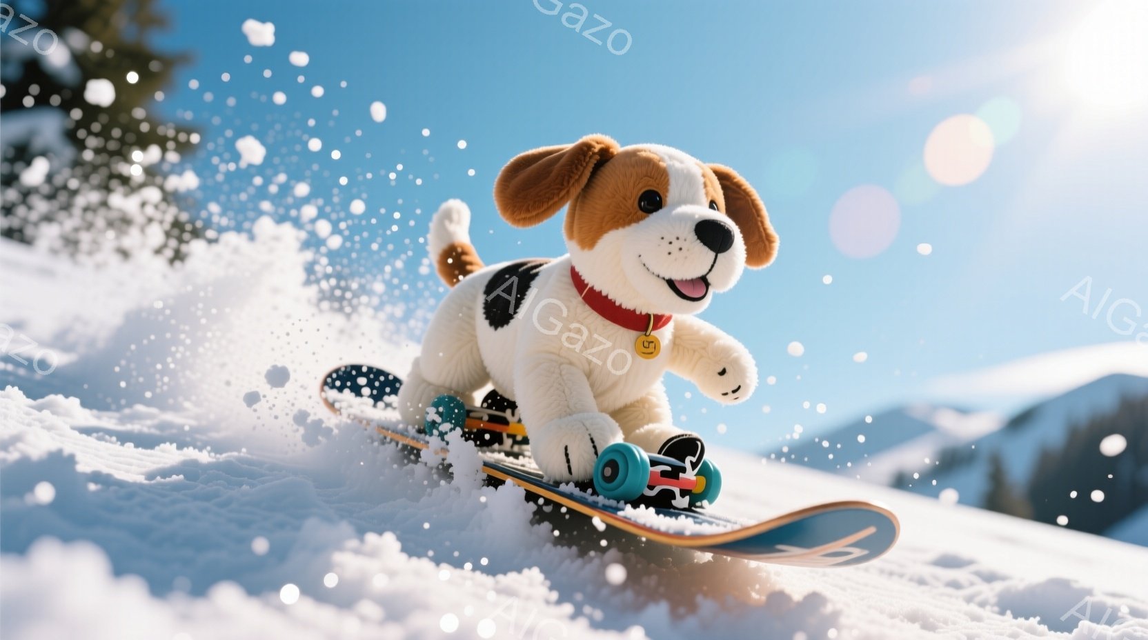 白い雪の上を、茶色と黒の毛並みを持つ犬がスノーボードに乗って疾走している。赤い首輪と金色に輝くタグをつけ、楽しげな表情で前を見つめ、雪煙を巻き上げている。背景には雪山と青空が広がり、冬の活気に満ちた雰 - AI生成フリー素材