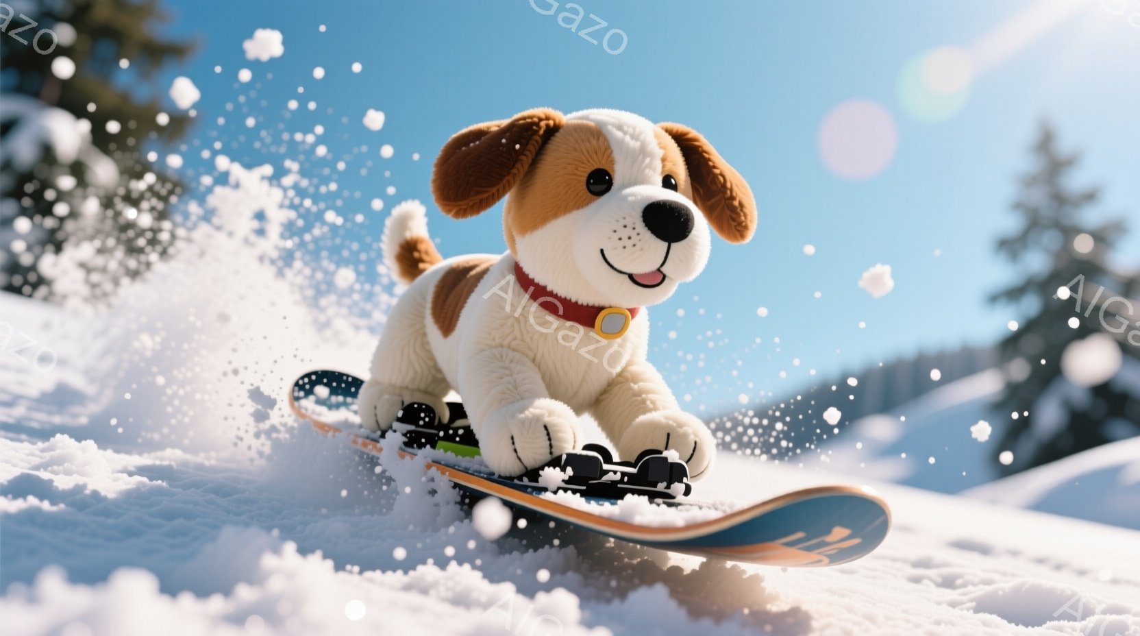 ふわふわの茶色と白の毛並みを持つ犬が、雪の上をスノーボードで滑っている様子が描かれています。赤い首輪をつけており、嬉しそうな表情で前を見つめています。背景には雪景色が広がり、遠くには山々が見え、晴天の下、活気に満ちた冬の雰囲気が漂っています。