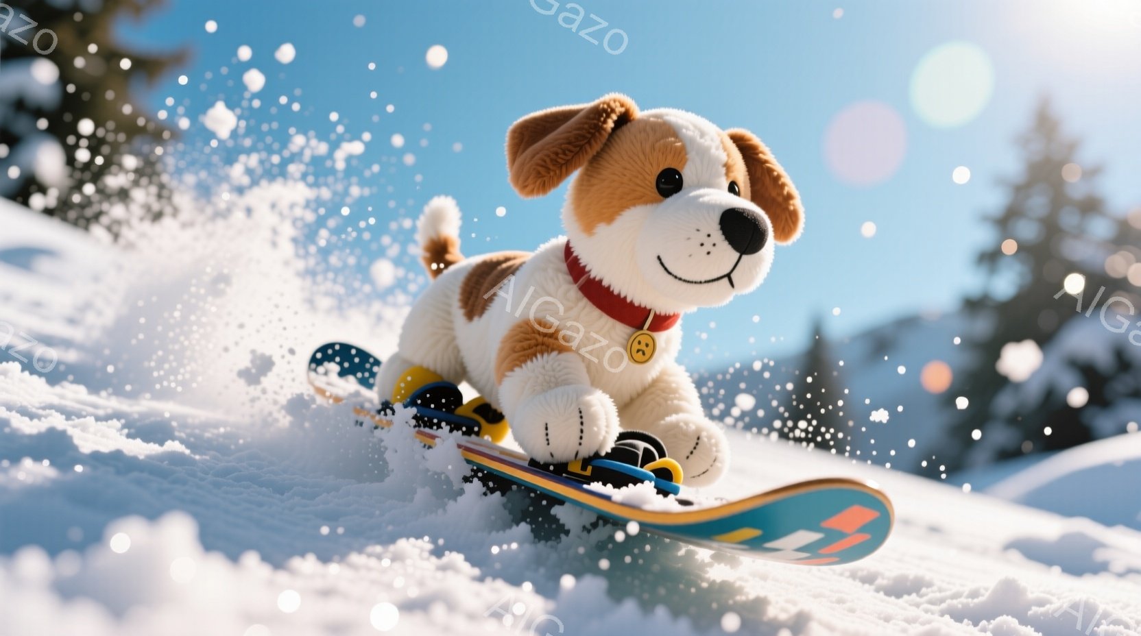 ふわふわの茶色と白の犬がスノーボードに乗って雪の上を疾走している。赤い首輪をつけており、楽しそうな表情をしている。背景には雪に覆われた山々と青空が広がり、雪が舞っている様子が描かれている。 - AI生成フリー素材