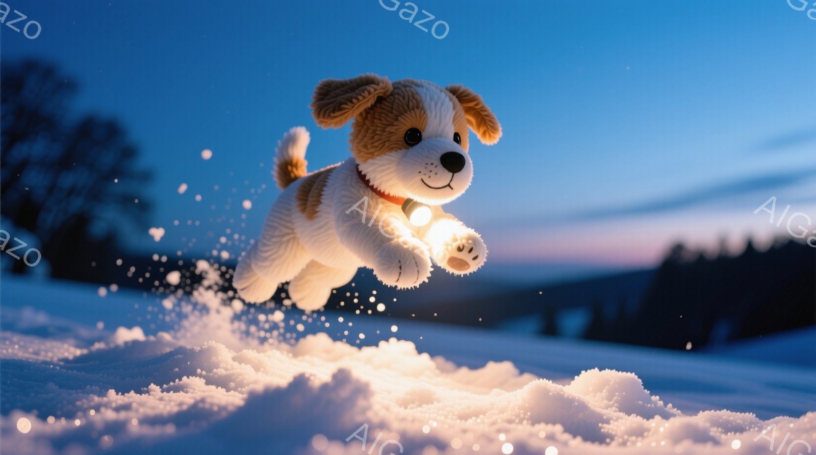 雪の中でジャンプする小さな犬が写っています。茶色と白の毛並みで、赤い首輪に光るライトを付けており、楽しそうな表情をしています。背景は雪景色で、遠くには木々が見え、夕暮れ時の空が青とオレンジ色に染まって - AI生成フリー素材