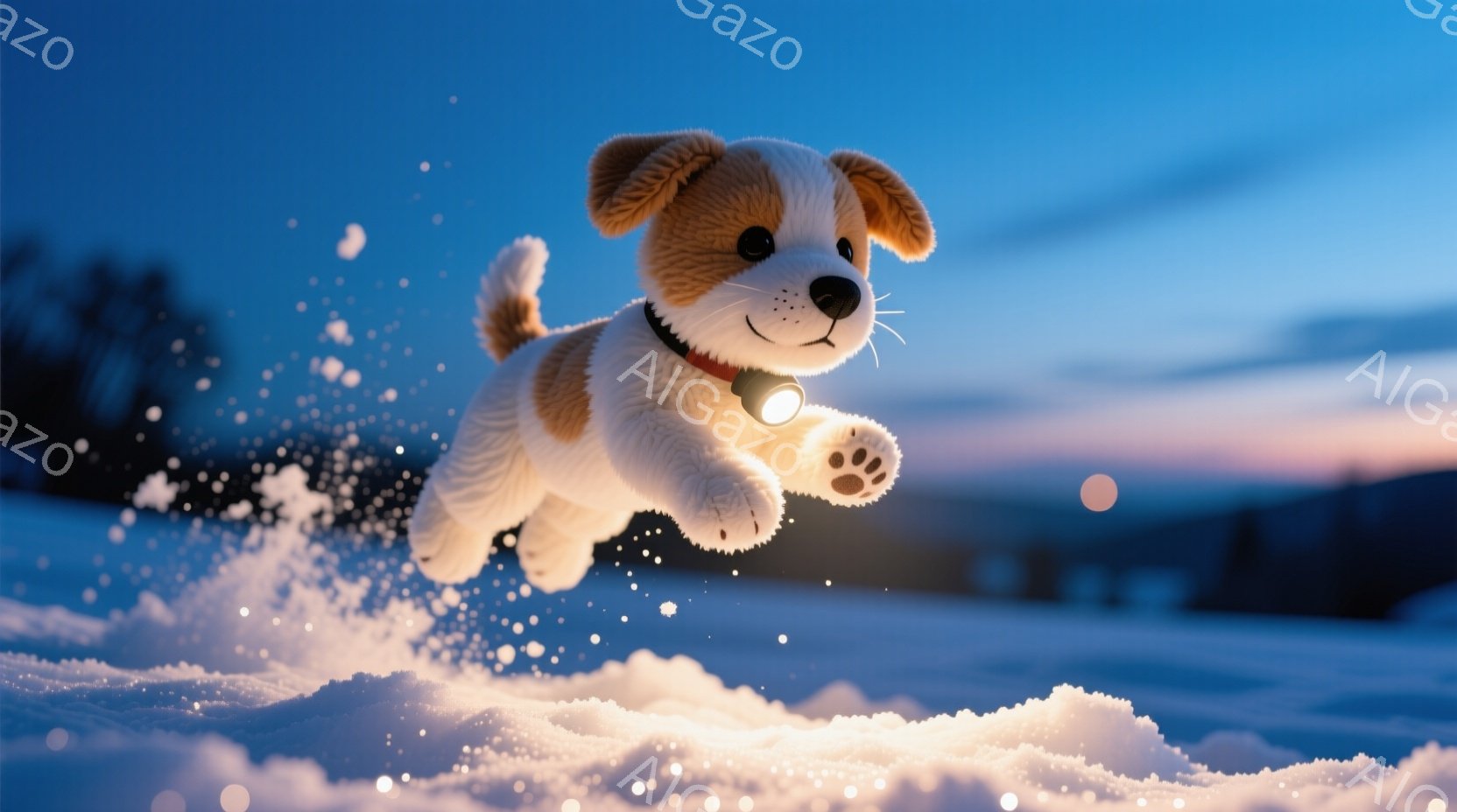 雪の中を飛び跳ねる小さな犬が描かれています。明るい茶色と白の毛並みで、首輪には光る装置がついています。背景は雪景色で、遠くにはぼんやりと山並みが見え、空は夕焼けのようなグラデーションで、全体的に暖かく、活気のある雰囲気です。