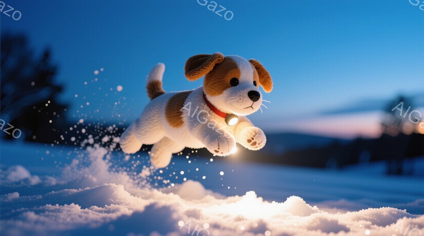 雪景色の中で、茶色と白の毛並みを持つ小さな犬が、喜びいっぱいで飛び跳ねている。赤い首輪と足元に光るライトをつけている様子から、冬の冒険を楽しんでいる様子が伝わってくる。背景にはぼんやりとした山の稜線が見え、穏やかで幻想的な雰囲気を醸し出している。